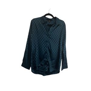 Milk & Honey Checkered Shiny Polyester Green Long Sleeve Disco Shirt Womens L